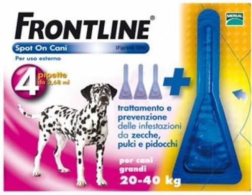 Frontline spot on cani taglia grande da 20 a 40 kg. 4 pipette da 2,68 ml.