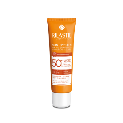 RILASTIL sun system emulsione leggera indicata per le pelli miste a tendenza grassa SPF50+ 50 ml.